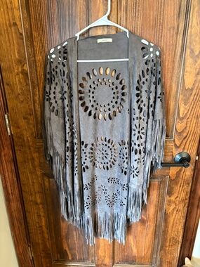 Easel slate gray faux suede fringe cardigan, one size, western, never worn